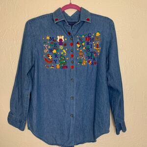 Karen Scott Christmas Embroidered Button Down Denim Chambray Size Petite Small